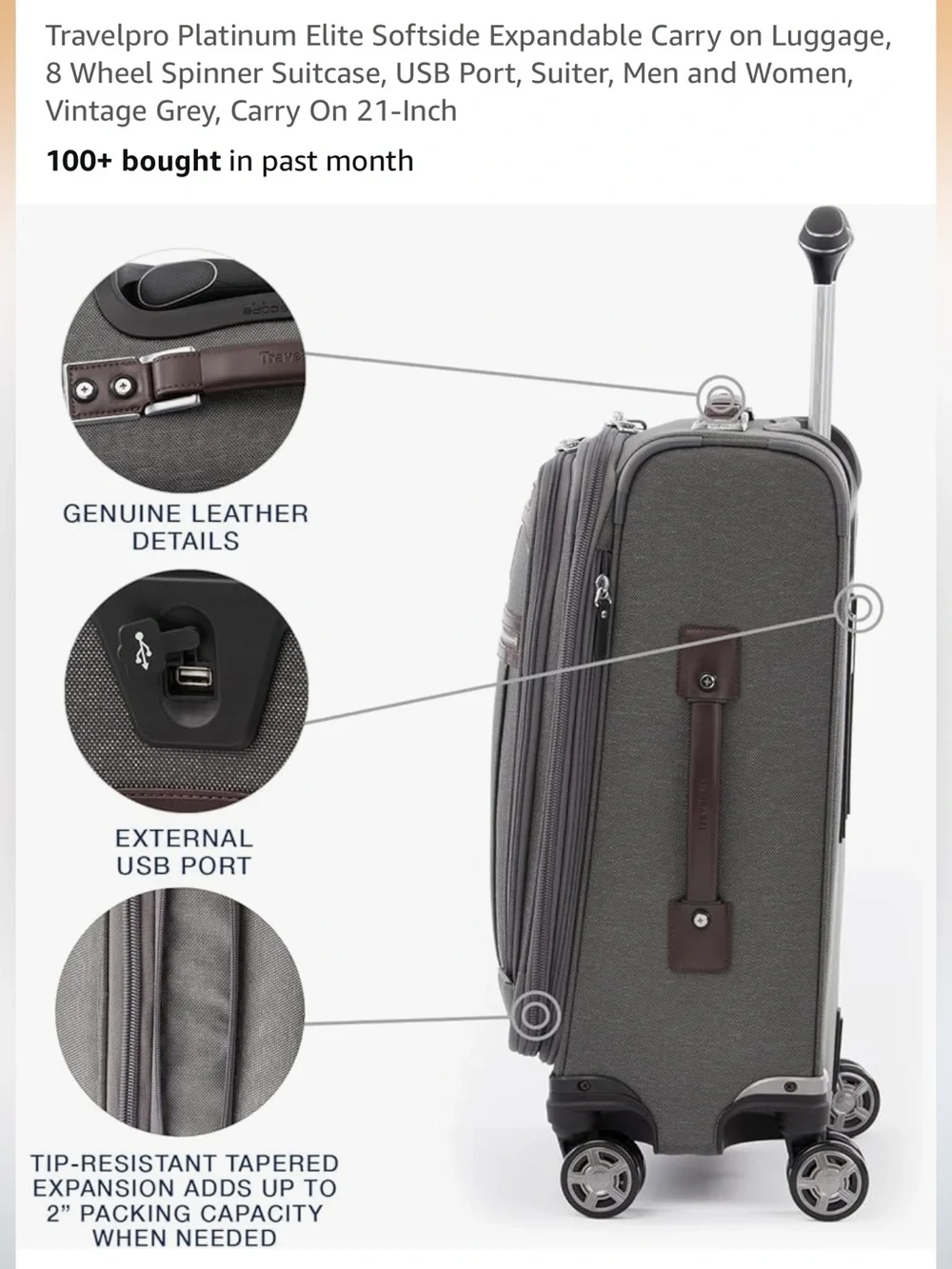 Travelpro Platinum Elite Expandable Carry On Suitcase in Vintage Gray